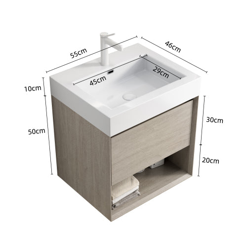 LUZ 55cm Wandmontierbarer Badezimmerwaschtisch (Weiß Resin-Becken + Hell-Eiche-Schrank)
