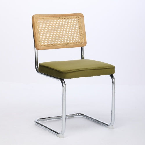 Mid-Century 2-Pcs Olive Green Velvet Dining Chairs (Cane Back, DE1851OL)