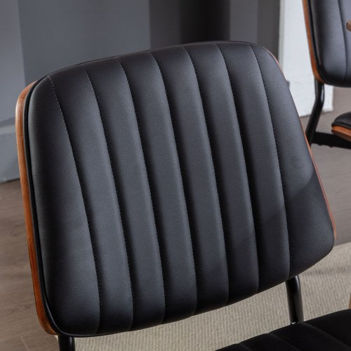 2-Piece Mid-Century Modern Black PU Dining Chairs - Walnut Bentwood Back, Metal Legs