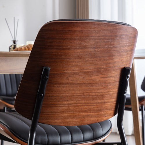 2-Piece Mid-Century Modern Black PU Dining Chairs - Walnut Bentwood Back, Metal Legs