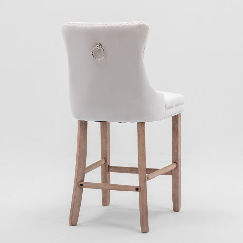 Contemporary Velvet Barstools Set of 2 (Beige) - Tufted, Wooden Legs & Chrome Trim