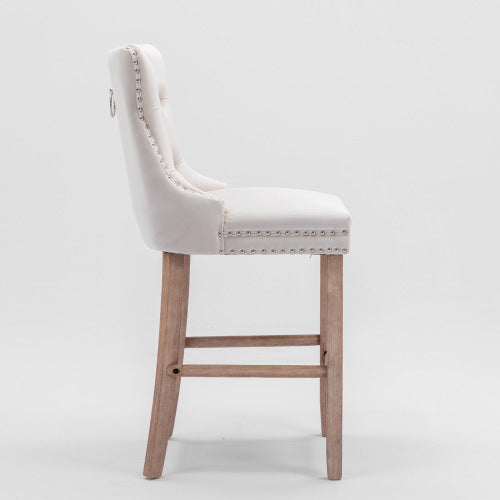 Contemporary Velvet Barstools Set of 2 (Beige) - Tufted, Wooden Legs & Chrome Trim