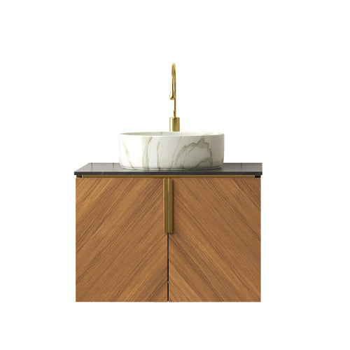ARAI 61cm Wandmontierbarer Badezimmerwaschtisch (Weiß rundes Keramikbecken + Schwarz Sinterstein)