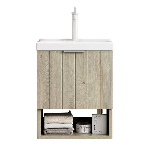 KAIRO 42cm Wandmontierbarer Badezimmerwaschtisch (Weiß Keramikbecken + Cremeeiche)
