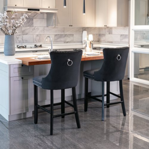 Black Velvet Tufted Barstools 2-Pcs Set (DE2002BK)