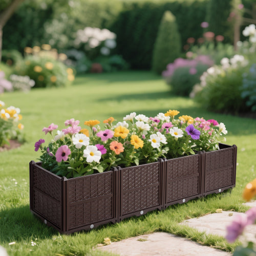 Brown Rectangular Raised Plastic Garden Bed Kit