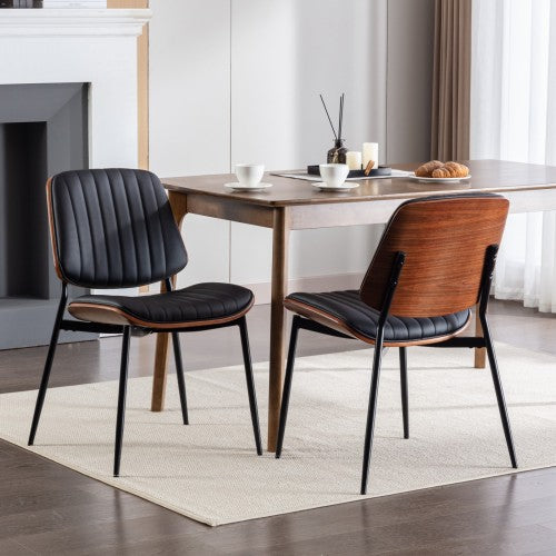 2-Piece Mid-Century Modern Black PU Dining Chairs - Walnut Bentwood Back, Metal Legs