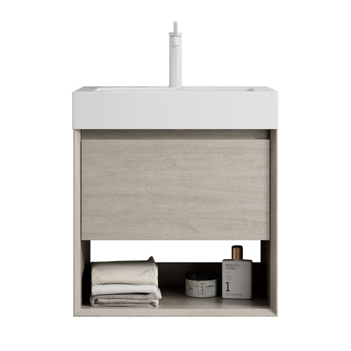 LUZ 55cm Wandmontierbarer Badezimmerwaschtisch (Weiß Resin-Becken + Hell-Eiche-Schrank)
