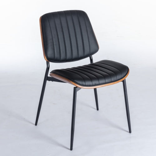 2-Piece Mid-Century Modern Black PU Dining Chairs - Walnut Bentwood Back, Metal Legs