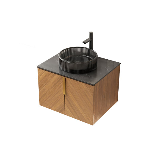 ARAI 61cm Wandmontierbarer Badezimmerwaschtisch (Transparentes Schwarzglasbecken + Schwarz Sinterstein)