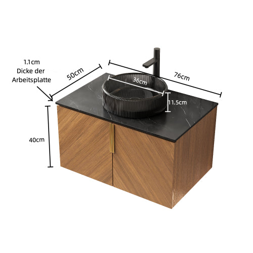 ARAI 76cm Wandmontierbarer Badezimmerwaschtisch (Transparentes Schwarzglasbecken + Schwarz Sinterstein)
