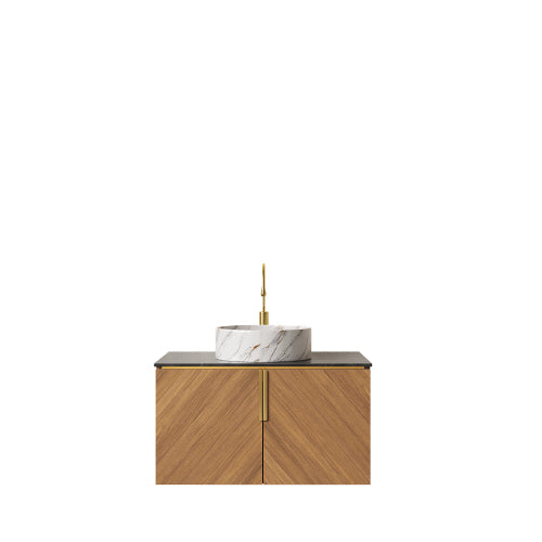 ARAI 76cm Wandmontierbarer Badezimmerwaschtisch (Weiß rundes Keramikbecken + Schwarz Sinterstein)