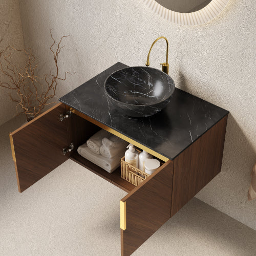 ARAI 76cm Wandmontierbarer Badezimmerwaschtisch (Schwarz Keramikbecken + Sintersteinplatte)