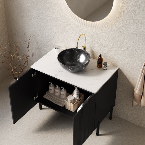 TURIO 76cm Freistehender Badezimmerwaschtisch (Schwarz Keramikbecken + Weiß Carrara-Sinterstein)