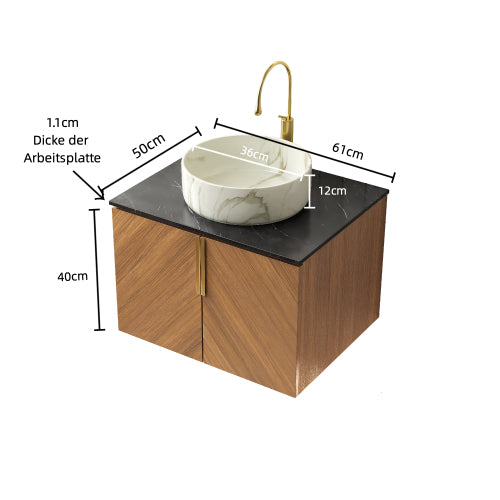 ARAI 61cm Wandmontierbarer Badezimmerwaschtisch (Weiß rundes Keramikbecken + Schwarz Sinterstein)