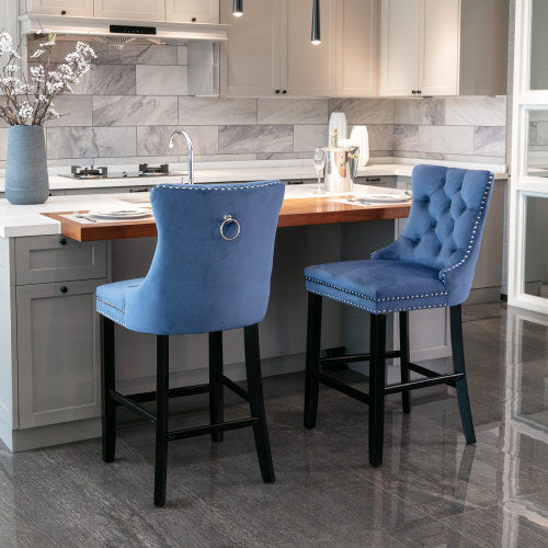 Blue Velvet Tufted Barstools 2-Pcs Set (DE2002BL)