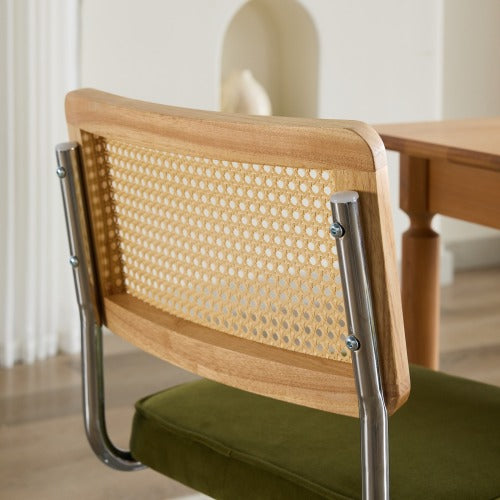 Mid-Century 2-Pcs Olive Green Velvet Dining Chairs (Cane Back, DE1851OL)