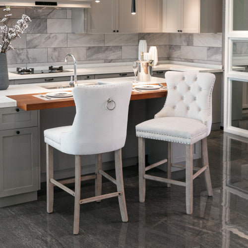 Contemporary Velvet Barstools Set of 2 (Beige) - Tufted, Wooden Legs & Chrome Trim