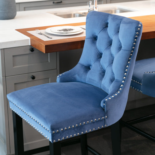 Blue Velvet Tufted Barstools 2-Pcs Set (DE2002BL)
