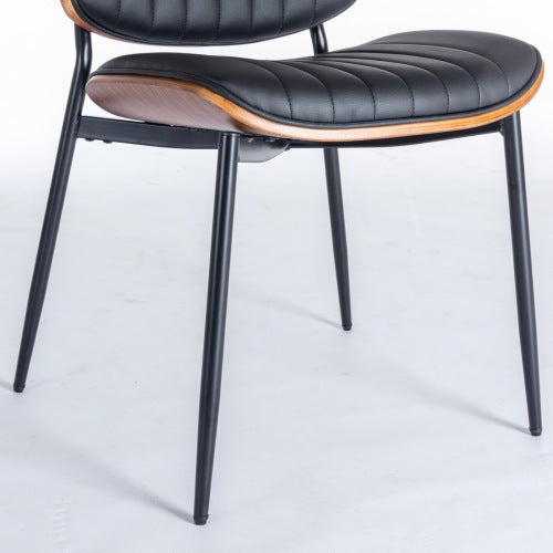2-Piece Mid-Century Modern Black PU Dining Chairs - Walnut Bentwood Back, Metal Legs