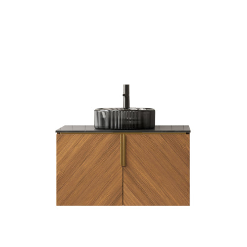 ARAI 76cm Wandmontierbarer Badezimmerwaschtisch (Transparentes Schwarzglasbecken + Schwarz Sinterstein)