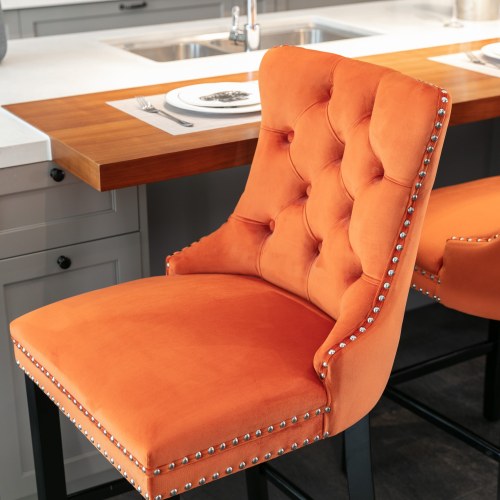 Orange Velvet Tufted Barstools 2-Pcs Set (DE2002OG)