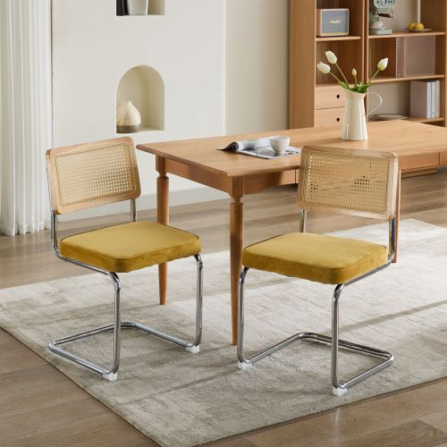 Mid-Century 2-Pcs Golden Velvet Dining Chairs (Cane Back, DE1851GL)