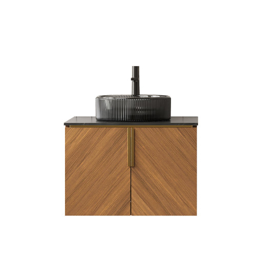ARAI 61cm Wandmontierbarer Badezimmerwaschtisch (Transparentes Schwarzglasbecken + Schwarz Sinterstein)
