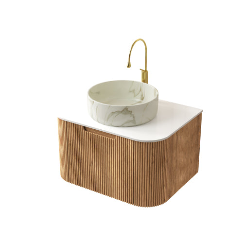 DINA 61cm Hängender Badezimmerwaschtisch (Weiß Keramikbecken + Natürliche Holzmaserung)