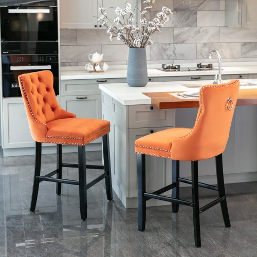 Orange Velvet Tufted Barstools 2-Pcs Set (DE2002OG)