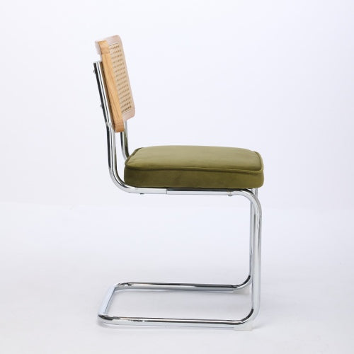 Mid-Century 2-Pcs Olive Green Velvet Dining Chairs (Cane Back, DE1851OL)