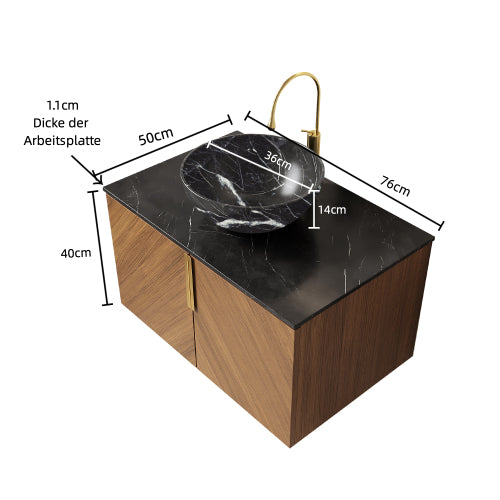 ARAI 76cm Wandmontierbarer Badezimmerwaschtisch (Schwarz Keramikbecken + Sintersteinplatte)