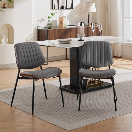 2-Pcs Mid-Century Gray PU Dining Chairs (Walnut Bentwood, DE1849GY)