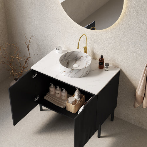 TURIO 76cm Freistehender Badezimmerwaschtisch (Weiß Keramikbecken + Carrara-Sinterstein)