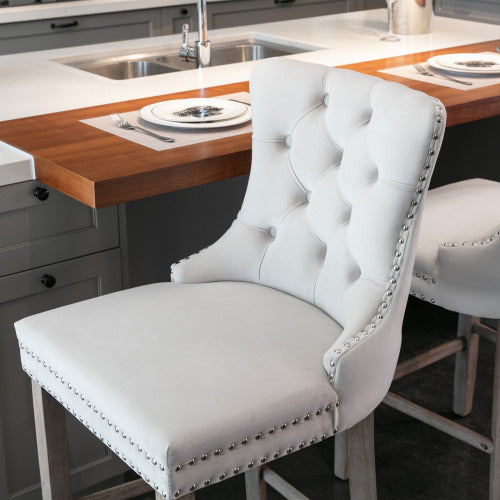 Contemporary Velvet Barstools Set of 2 (Beige) - Tufted, Wooden Legs & Chrome Trim