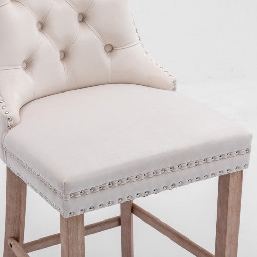 Contemporary Velvet Barstools Set of 2 (Beige) - Tufted, Wooden Legs & Chrome Trim