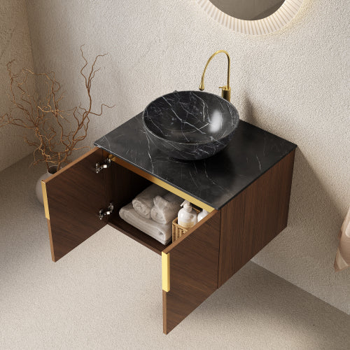 ARAI 61cm Badezimmer Wandhalterung (Schwarz Keramikbecken + Sintersteinplatte, Espresso)