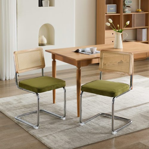 Mid-Century 2-Pcs Olive Green Velvet Dining Chairs (Cane Back, DE1851OL)