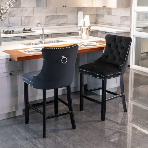 Black Velvet Tufted Barstools 2-Pcs Set (DE2002BK)