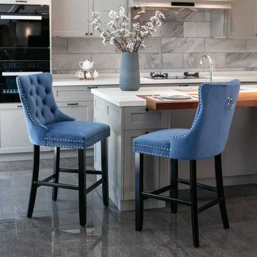 Blue Velvet Tufted Barstools 2-Pcs Set (DE2002BL)