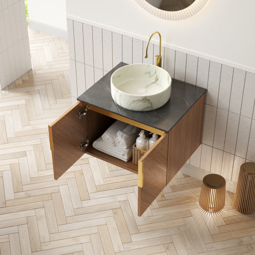 ARAI 61cm Wandmontierbarer Badezimmerwaschtisch (Weiß rundes Keramikbecken + Schwarz Sinterstein)