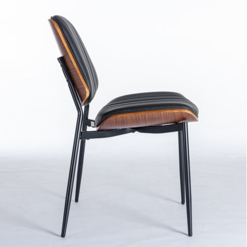 2-Piece Mid-Century Modern Black PU Dining Chairs - Walnut Bentwood Back, Metal Legs