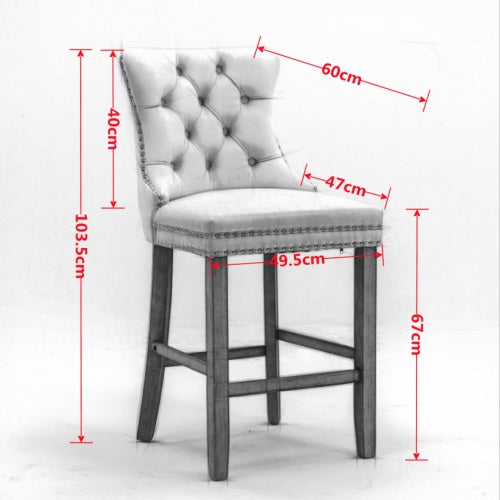 Contemporary Velvet Barstools Set of 2 (Beige) - Tufted, Wooden Legs & Chrome Trim