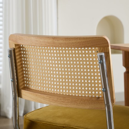 Mid-Century 2-Pcs Golden Velvet Dining Chairs (Cane Back, DE1851GL)