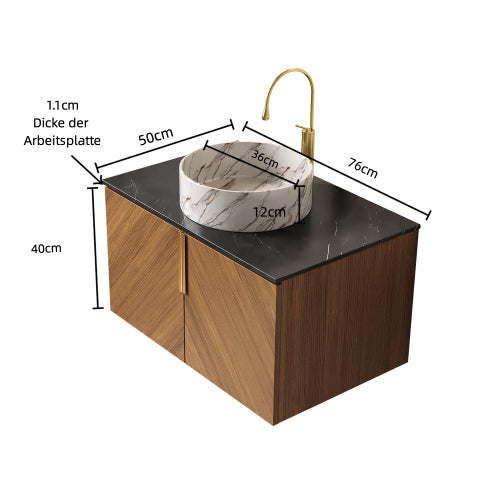 ARAI 76cm Wandmontierbarer Badezimmerwaschtisch (Weiß rundes Keramikbecken + Schwarz Sinterstein)