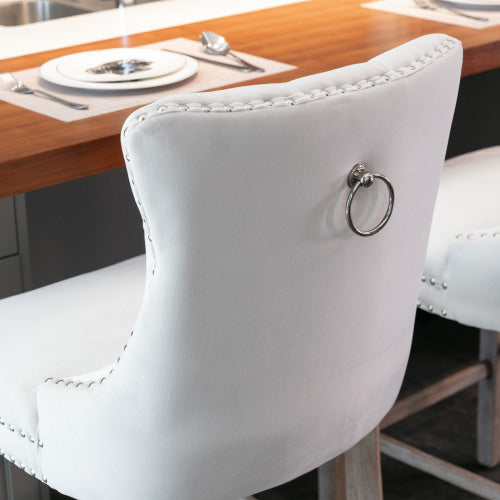 Contemporary Velvet Barstools Set of 2 (Beige) - Tufted, Wooden Legs & Chrome Trim