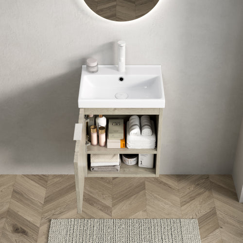 KAIRO 42cm Wandmontierbarer Badezimmerwaschtisch (Weiß Keramikbecken + Cremeeiche)