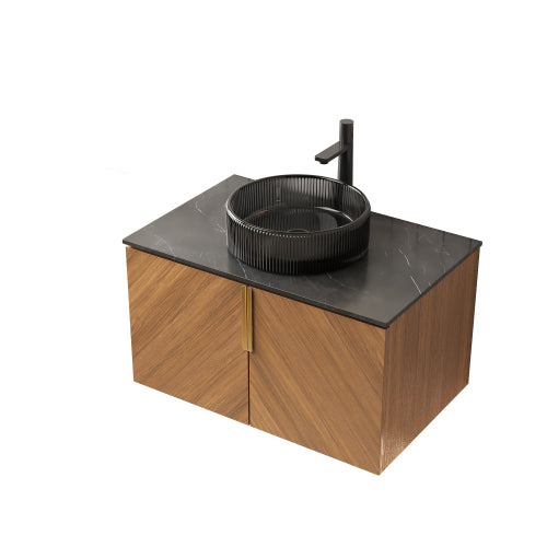 ARAI 76cm Wandmontierbarer Badezimmerwaschtisch (Transparentes Schwarzglasbecken + Schwarz Sinterstein)