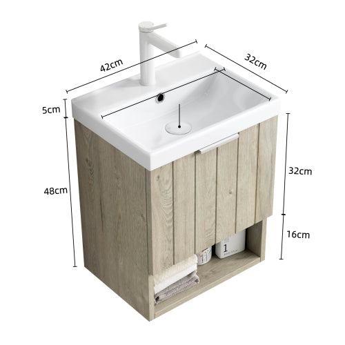 KAIRO 42cm Wandmontierbarer Badezimmerwaschtisch (Weiß Keramikbecken + Cremeeiche)