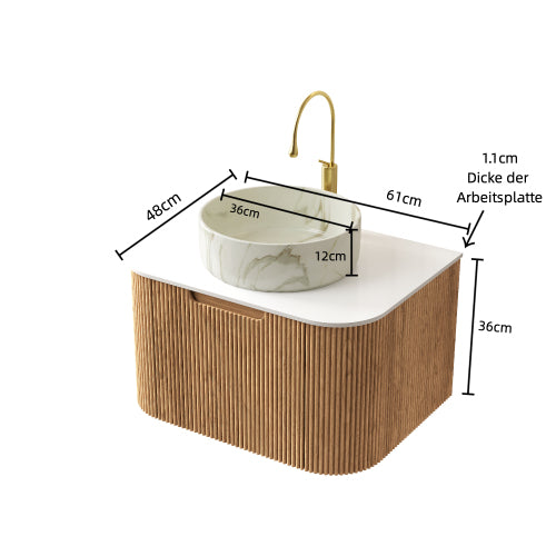DINA 61cm Hängender Badezimmerwaschtisch (Weiß Keramikbecken + Natürliche Holzmaserung)